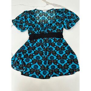 MKM Designs Retro Geometric Eye Print Babydoll Tunic Top Blue Black Small